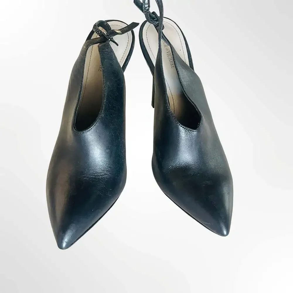 Pour La Victoire Black Leather Pointed Toe Slingback Stiletto Pumps